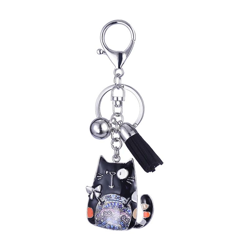 Эмаль брелок с котом кожаный брелок для ключей с кисточкой подарок для женщин сумка Подвеска милый брелок модные ювелирные изделия в виде животных для девочек