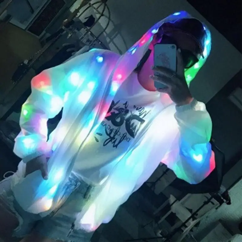 Для мужчин женщин светодиодное пальто Красочные Glow сцены вечерние с капюшоном
