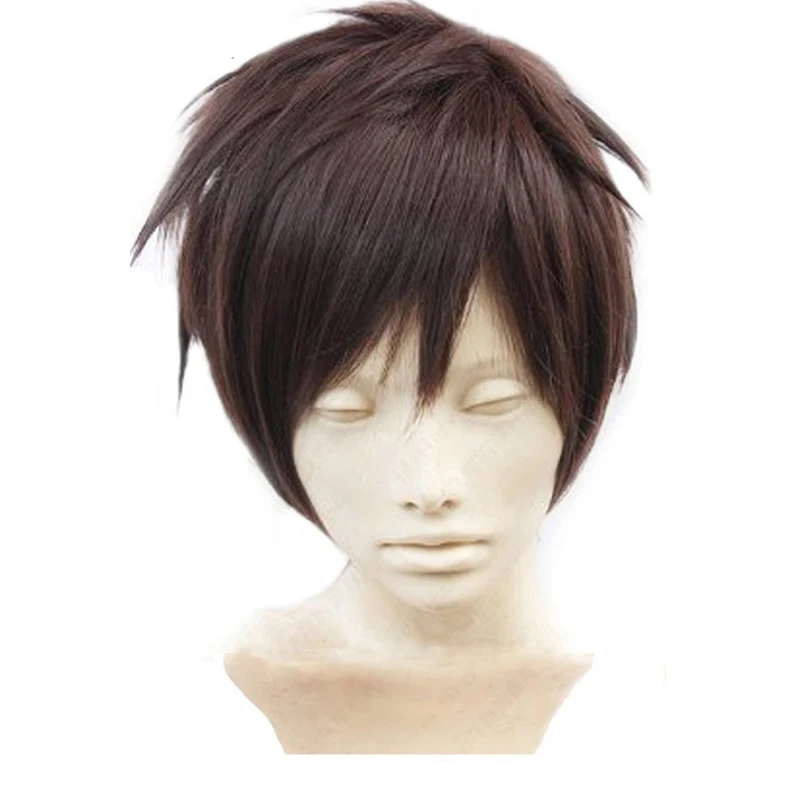 Koop Aanval Op Titan Eren Jaeger Donkerbruin Mannen Korte Gelaagde Hoge Temperatuur Fiber Synthetische Cosplay Pruik + Gratis Pruik cap