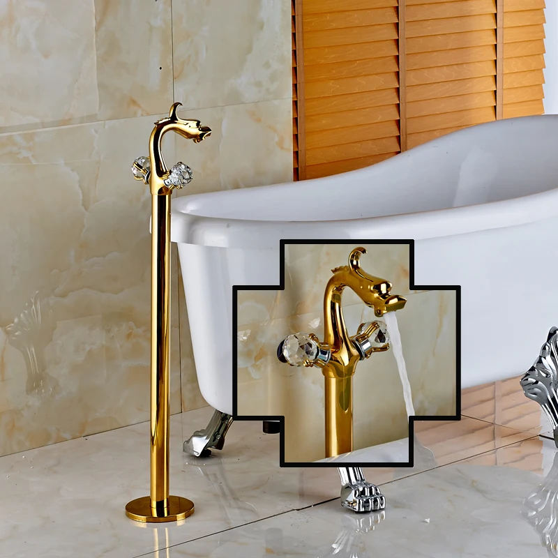 Luxury Two Crystal Handles Freestanding Bathroom Tub filler Golden