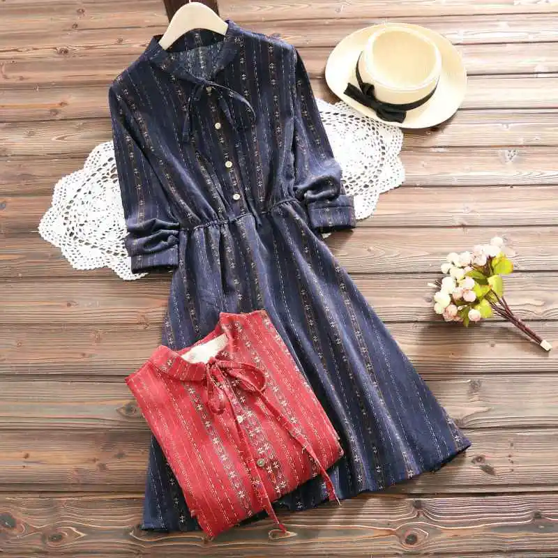 

Mferlier Corduroy Dress Bow Collar Women Long Sleeve Elastic Waist Vintage Floral Print Mori Girl Navy Blue Artsy Winter Dress