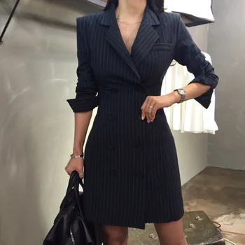 

LANMREM 2020 New Spring Fashion Women Clothing Notched Formal Above Knee Mini Striped Blazers Type Dress Female Vestidu ZA50500