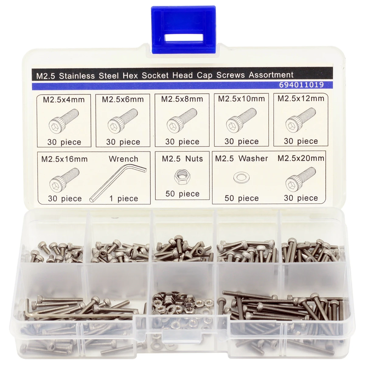M2.5 Stainless Steel Hex Socket Head Cap Screw Assortment, 7 Size,Pack