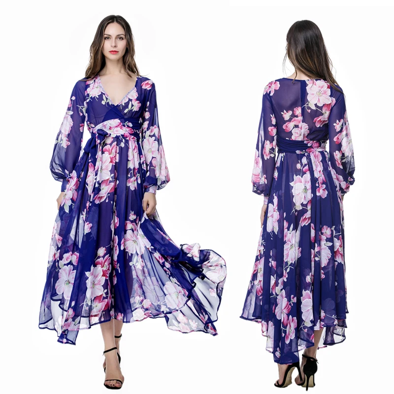 2017 Summer Women Long Maxi Dress V Neck Long Sleeve Plus Size 4XL Printed Floral Bohemian Beach Dress for Holiday vestido longo long-floral-maxi