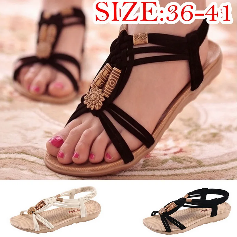 

Adisputent Boho Retro Beads Women Sandals Elastic Band Sandals Shoes Peep-toe Low Shoes Roman Ladies Flip Flops Sandals Summer