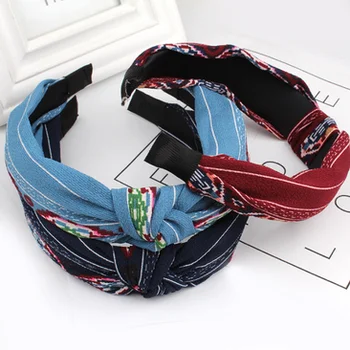 

by dhl or ems 500pcs Korean simple hairpin hoop sweet printing cloth wide side bow tie with head hoop female wholesale hot