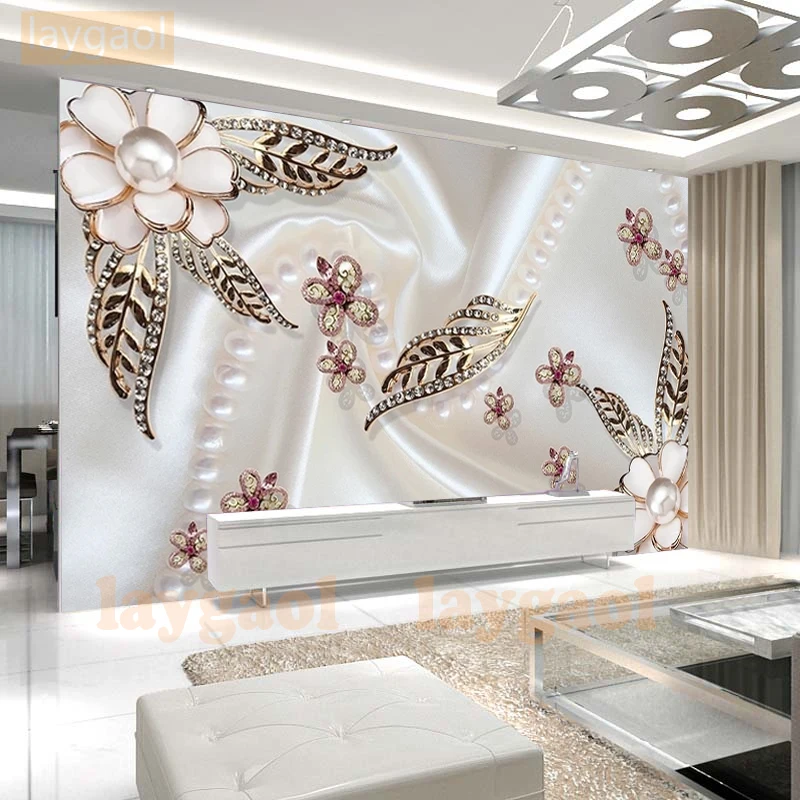 

Custom Size Mural pearl flower 3d Photo Wallpaper gloden leaf butterfly floral romance TV Background 3d wallpaper