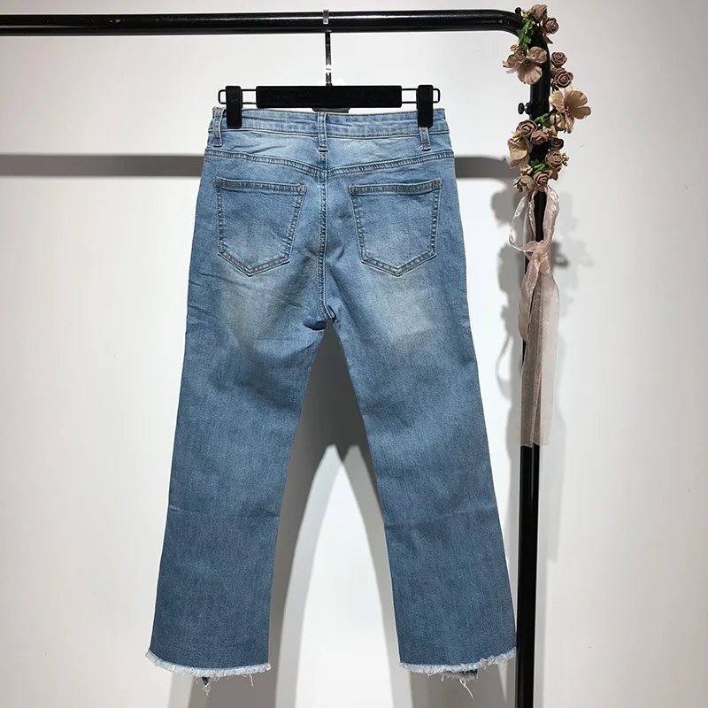 Для женщин джинсы новые осенние женские denim Flare Штаны Street wear Высокая талия карман тонкий Pantalon femme низ Разделение край волос брюки