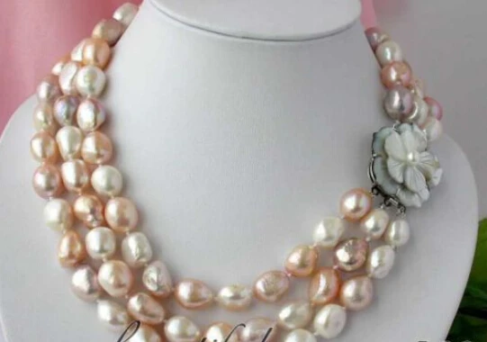

A NATURAL 3row 13*15mm baroque white pink purple FW pear necklace