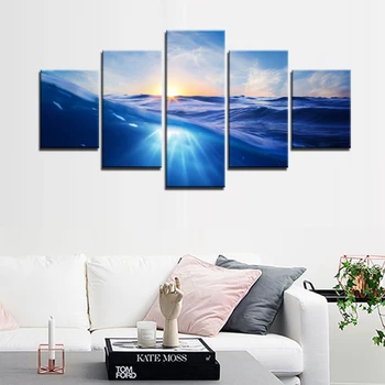 

Artryst Painting Living Room Wall Art 5 Panel Blue Ocean Sea Wave Sunrise Seascape Poster Canvas Modular Printed Decor Pictures
