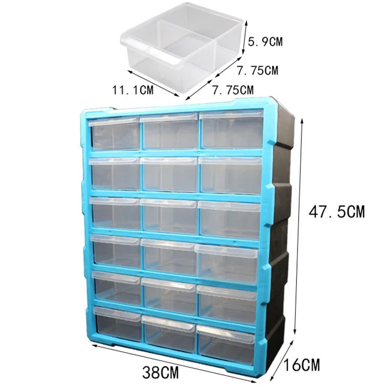 Electrónico grande Caja de almacenaje de piezas de clasificación de Arca Multi-rejilla tipo cajón componente caja de herramienta caja 18 cajones azul