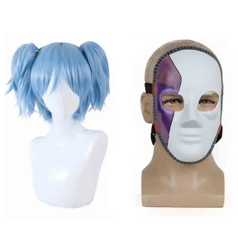 

Game Sally Face Cosplay Latex Mask and Wig Sallyface Short Blue Heat Resistant Synthetic Hair Clip Halloween Cosplay Props