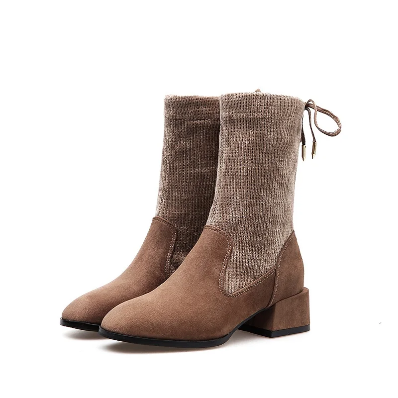 

2018 winter new suede women's boots foreign trade thick with knit socks boots stretch boots women's boots brwon 0110