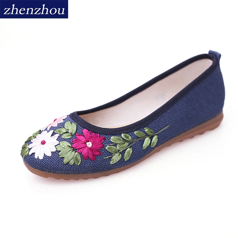 

zhen zhou 2017 Women Flower Flats Slip On Cotton Fabric Casual Shoes Comfortable Round Toe Flat Shoes Woman Plus Size