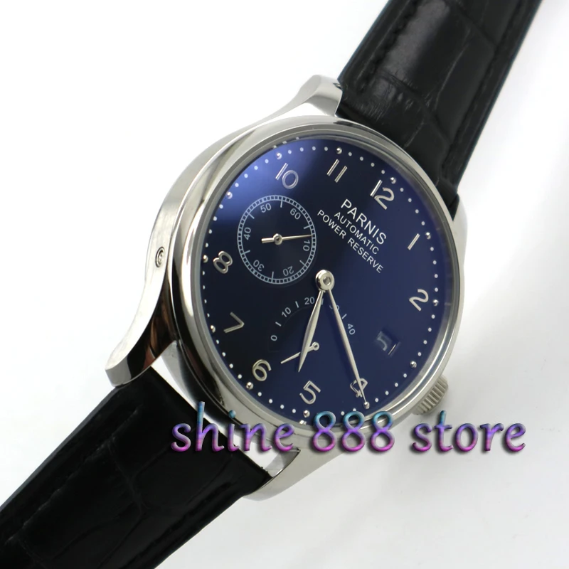 

Parnis 43mm black dial leather strap power reserve 2530 Automatic movement Men's watch