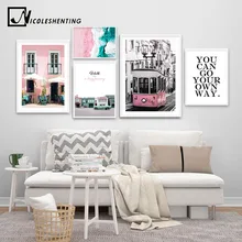 Пейзаж, холст, плакат, Скандинавское украшение, розовый пляжный автобус, настенная Художественная печать, декоративная картина, скандинавский Декор для дома