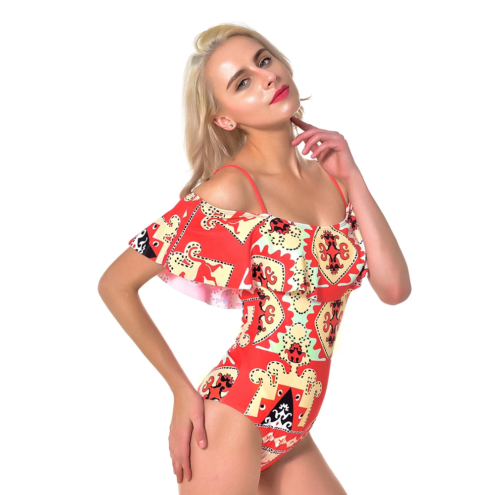 

New Women Ruffles off the shoulder One-Piece Swimsuit Beachwear Swimwear push up monokini Flounce bikini Set Scollop BathingSuit