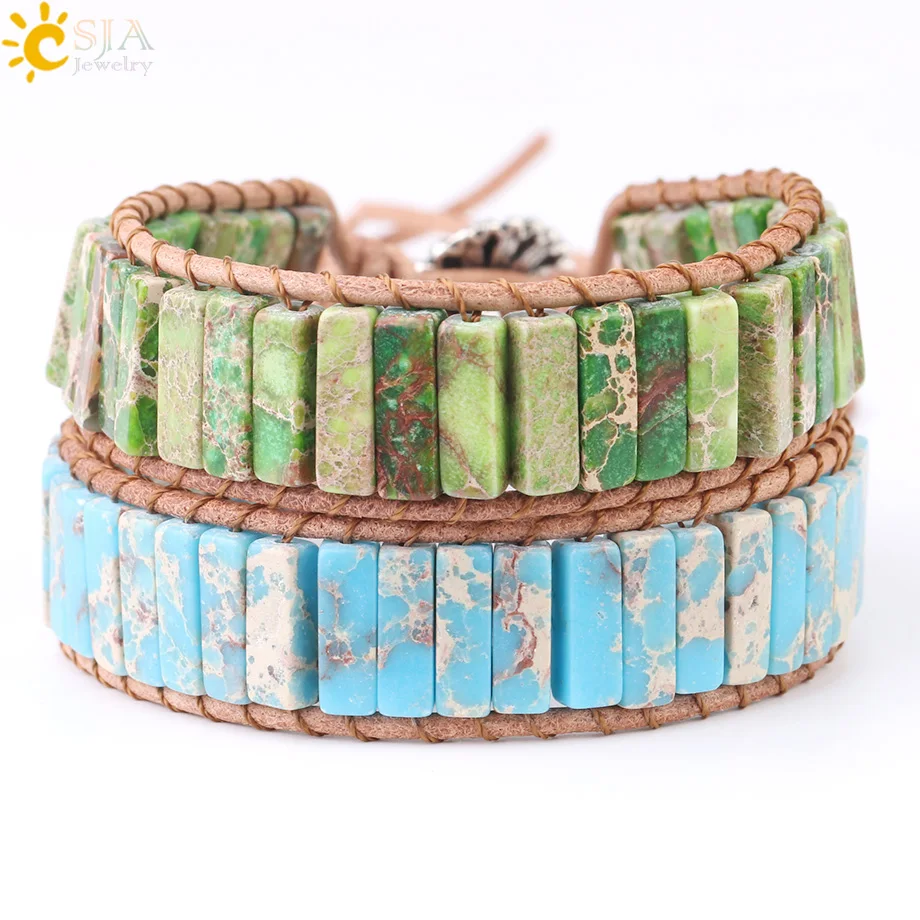 

CSJA Single Color Rectangle Stone Weave Bracelet for Women Men Wrap Bangles Knot Leather Rope Handmade Adjustable Bracelets F947