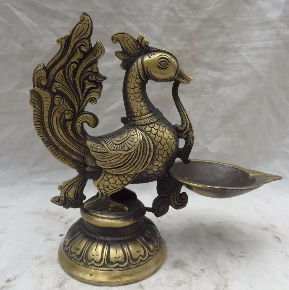 

huij 006883 8" Chinese Bronze Buddhist Bird Fly Phoenix Peacock Statue Buddha Oil Lamp (A0314)