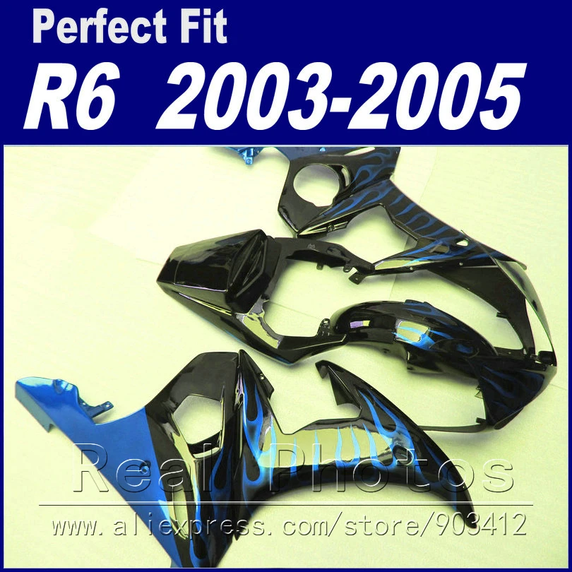 

Free custom motorcycle parts for YAMAHA R6 fairing kit 2003 2004 2005 blue flame in glossy black Fit  YZF R6 fairings 03 04 05