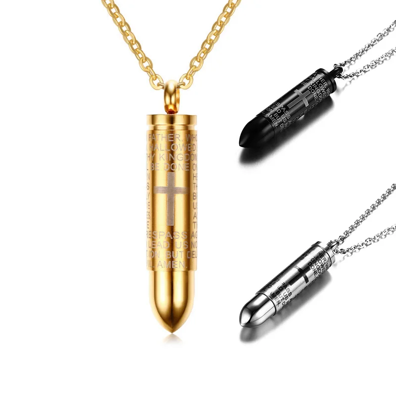 Bullet Shaped Pendant for Men Engraved Cross Lord Bible Prayer Necklace Stainless Steel Male Punk Jewelry Cremation Ashes Urn | Украшения и