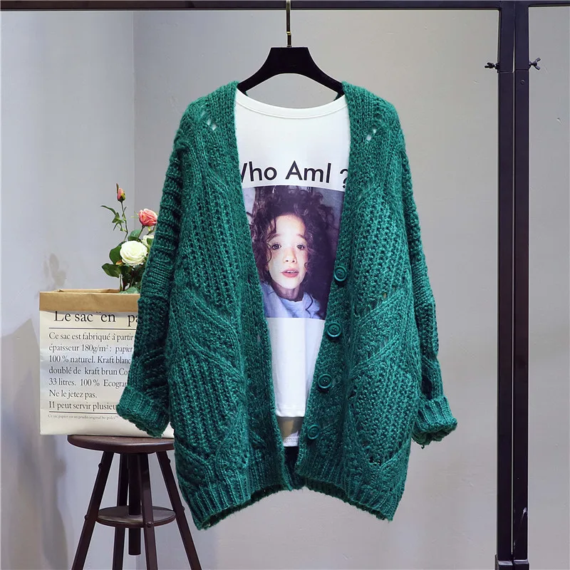 

2018 Spring and Autumn Women's Solid Color Hollow Knit Long Cardigan Outwear Female Coarse Wool Knitwear Casual Sweaters