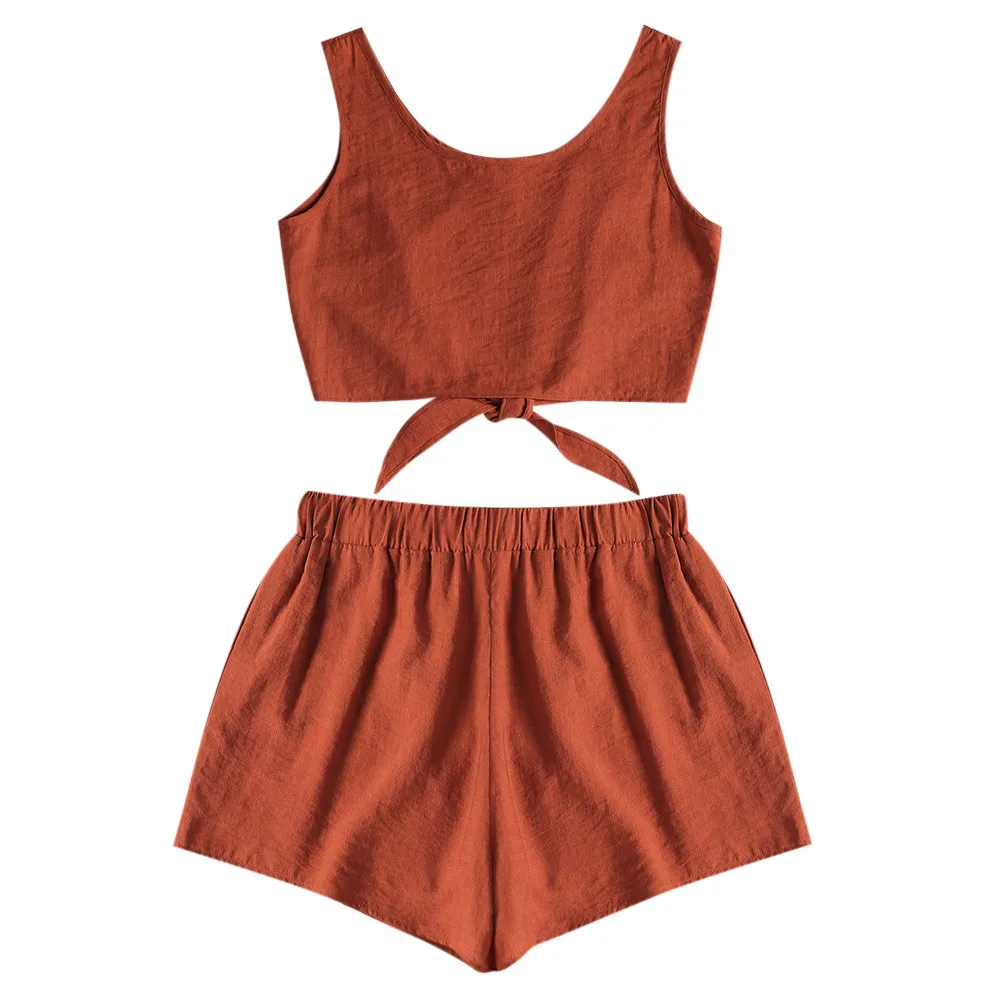 ZAFUL Beach Two-Piece Suits Button Up Crop Top and Shorts Set Pleated Solid Tie Waist Romper High Waist Sleeveless Swimming Suit