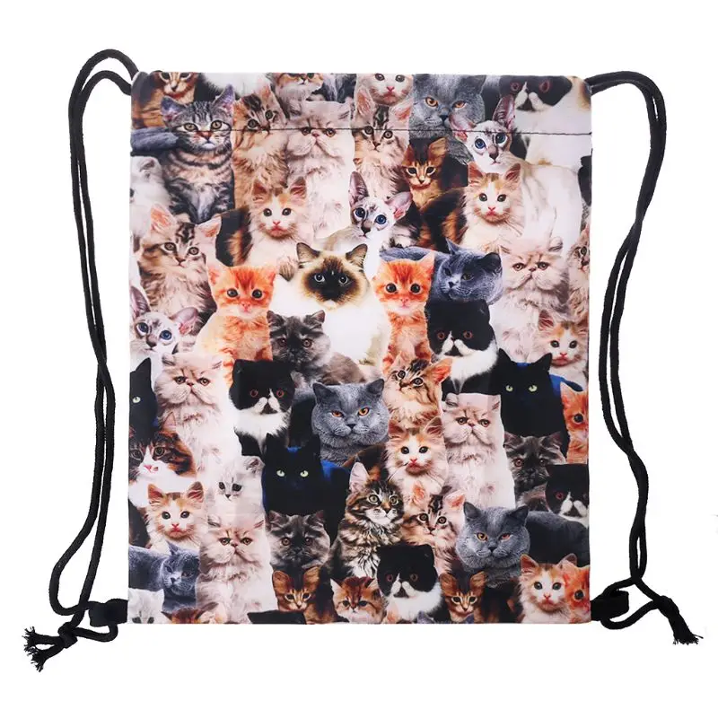 Милый полиэстер 3D принт Drawstring Рюкзак кошки Cinch Sack рюкзак сумки на плечо спортивная сумка унисекс модный шнурок сумки