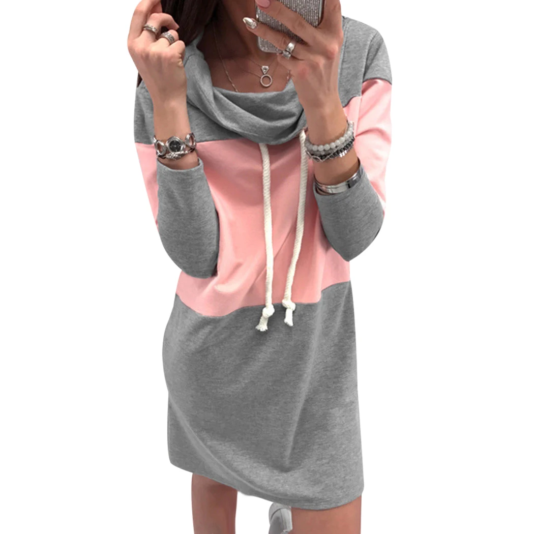 MIOIM Casual Hoodies Dress Women Patchwork Color Hooded Dress Womens