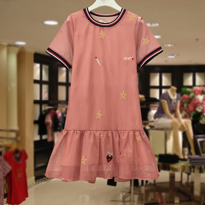 

Amolapha Women Mesh Patchwork Dress Vestidos Short Sleeve Embroidery Female Woman Summer Casual Dresses