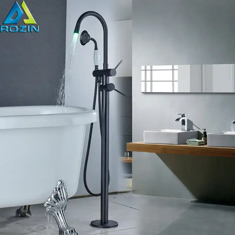 Freestanding Bathtub Faucet Led Light Bathroom Tub Sink Mixers Single Pole Floor Mounted Bathtub Mixer Tap With Handshower Shower Faucets Aliexpress