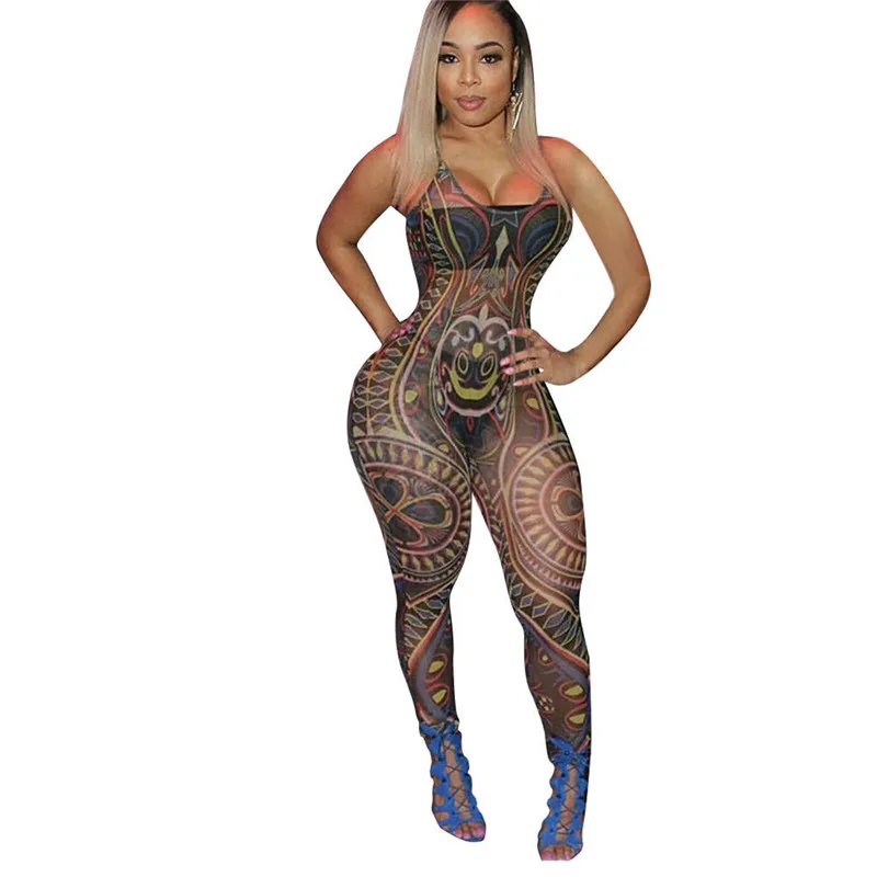 

Sext Club Wear Women Perspective Jumpsuits Bandage Bodycon Party Jumpsuit Long Pant Trousers Print Romper