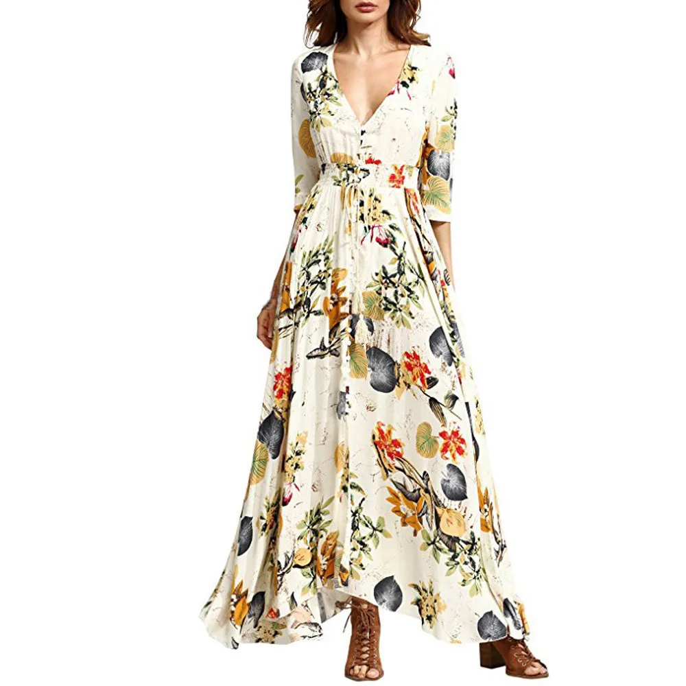 fashion beach v neck printed maxi dress