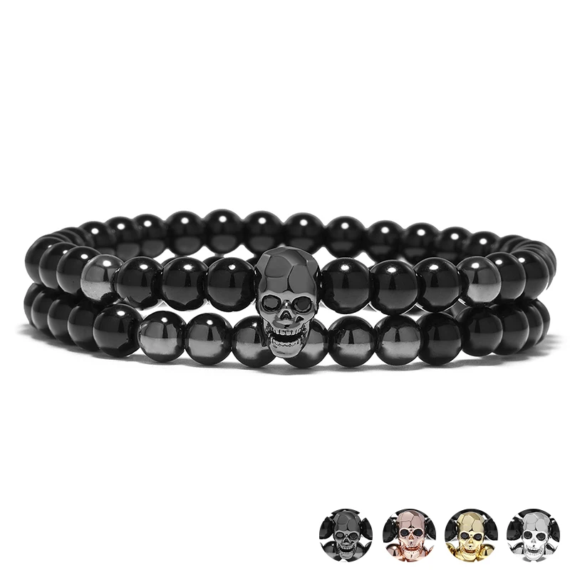 

Steampunk Metal Smile Skull Bracelets Set Elastic Black Beads Chain Skeleton Men Bracelets Sets Male Hand Accessories