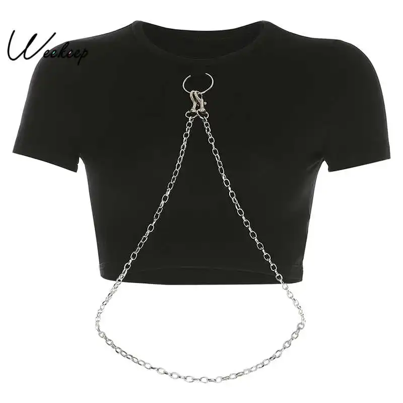 Укороченная футболка Weekeep с металлической цепочкой в стиле пэчворк, женская черная уличная футболка с круглым вырезом и коротким рукавом, сексуальная облегающая футболка, женская футболка - Цвет: Черный