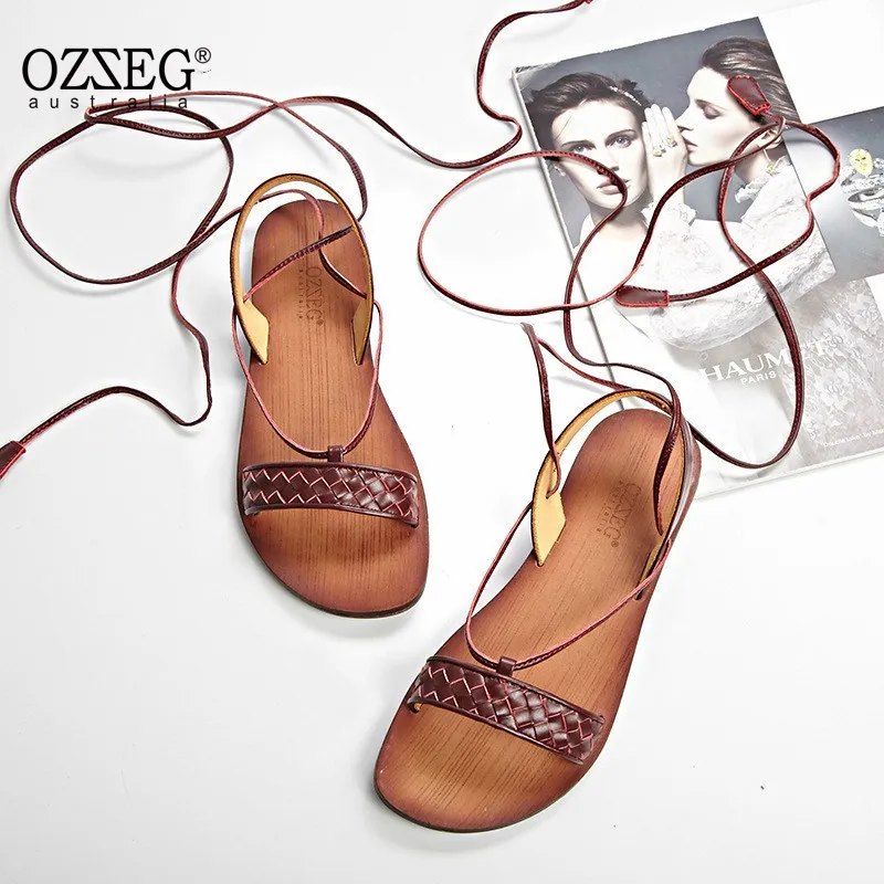 

Woman Summer Sandals Genuine Leather Cow Leather Shoes Fashion Ladies Lace Up Rome Gladiator Women's Sandals Flat Shoes