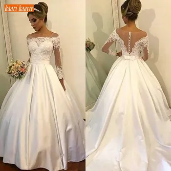 

Aristocratic Satin White Wedding Dress Lace Appliques Ivory Beach Wedding Gowns long sleeves 2020 Sexy Custom Made Bride Dresses