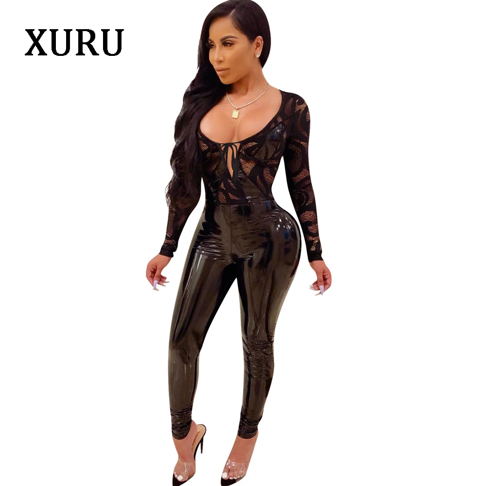 XURU Новые ПУ брюки + перспектива кружева шить сексуальный комбинезон для вечерние женский с длинными рукавами клуб ПУ длинный плотный