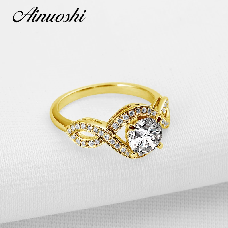 AINUOSHI 10k Solid Yellow Gold Wedding Ring Twisted Cross Design Joyas de oro 10k NSCD Women Simulated Diamond Engagement Rings