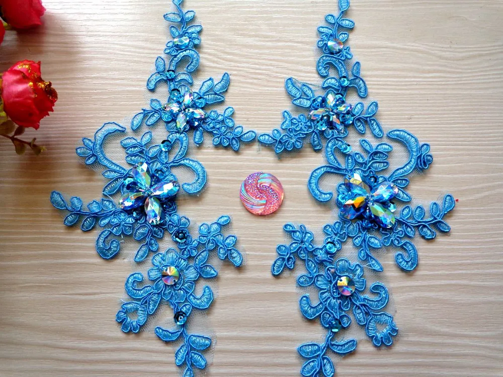 

Handmade sequins Rhinestones patches sew on Light Blue colour lace applique Delicate embroidered 23*10cm for dress