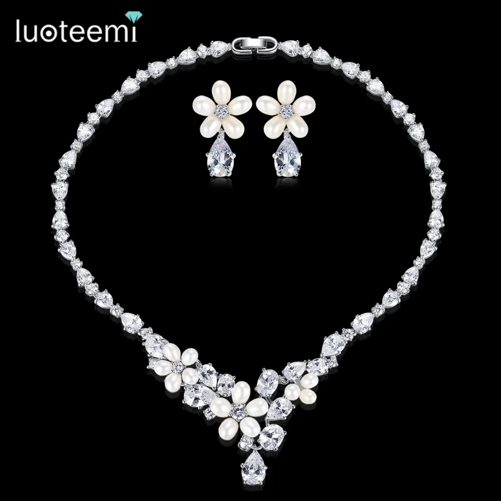 LUOTEEMI Generous Rhinestone Flower Earrings Necklace Natural Pearls with Teardrop CZ Wedding Jewelry Sets For Bride Accessories LUOTEEMI Generous Rhinestone Flower Earrings Necklace Natural Pearls with Teardrop CZ Wedding Jewelry Sets For Bride Accessories