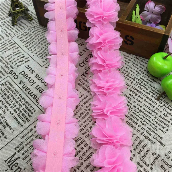 1Yard 12 colors Flower 3D Chiffon Lace Trim Ribbon Fabric for Applique Sewing Wedding Dress Decoration Accessories Supplies 5cm - Цвет: pink