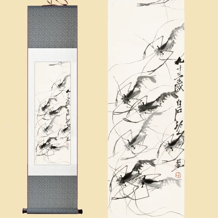 

Chinese Silk Watercolor Ink Qi Baishi prawn shrimp original feng shui art wall picture damask framed scroll canvas painting gift
