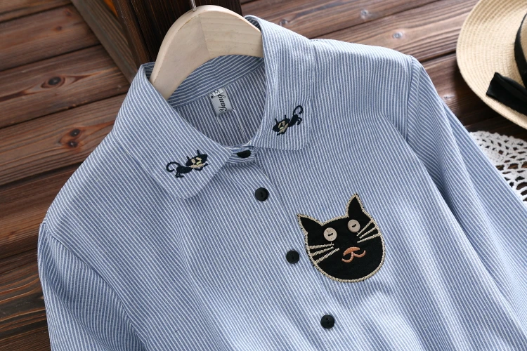 MSSNNG 2018 Spring Autumn Women Cat embroidery Dress Casual Trun-down Neck Long Sleeve Elastic Waist Dresses Dropshipping (12)