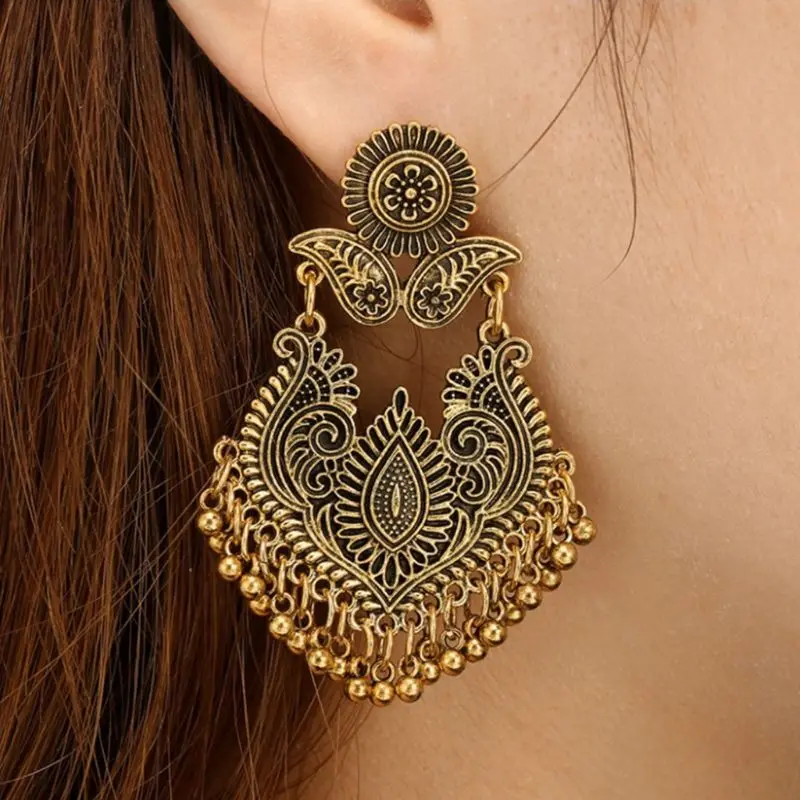 

1 Pair Ethnic Women Earrings Thailand India Style Vintage Bells Pendant Tassel Dangle Jewelry Party Cosplay Performance