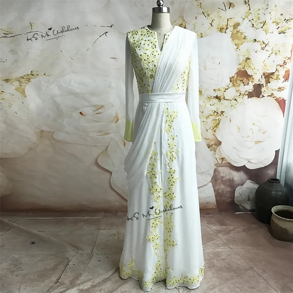 

Ivory Yellow Applique Muslim Evening Dress 2017 Long Sleeve Chiffon Islamic Arabic Formal Party Long Prom Dresses Vestido Longo