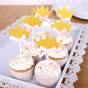 

6pcs Princess Crown Gold Giltter bowknot Cake Topper 1st Birthday Decoration Kids Baby Boy Girl Party Decoration Cupcake Toppers