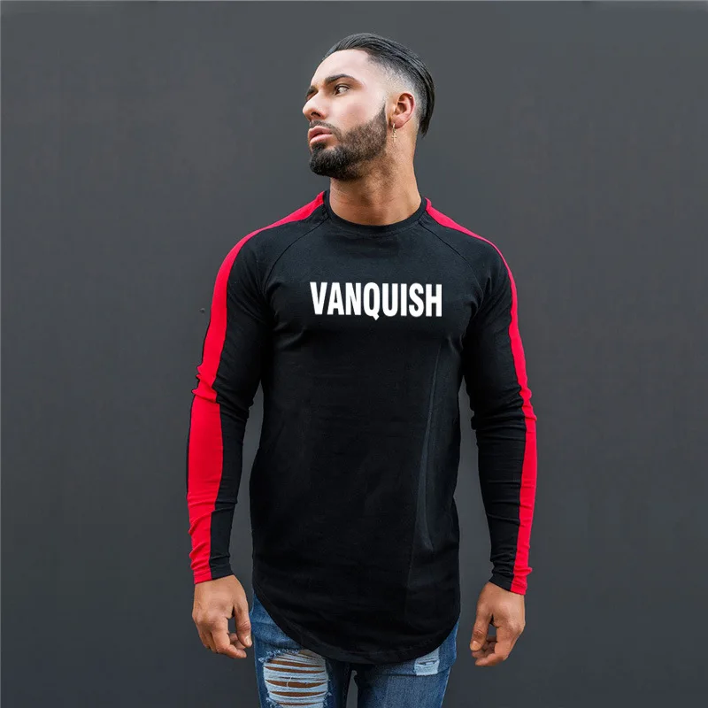 

2019 New Vanquish T Shirts Long sleeves Patchwork Cotton Breathable Casual Mens T-shirt Gyms Fitness Bodybuilding Tshirt