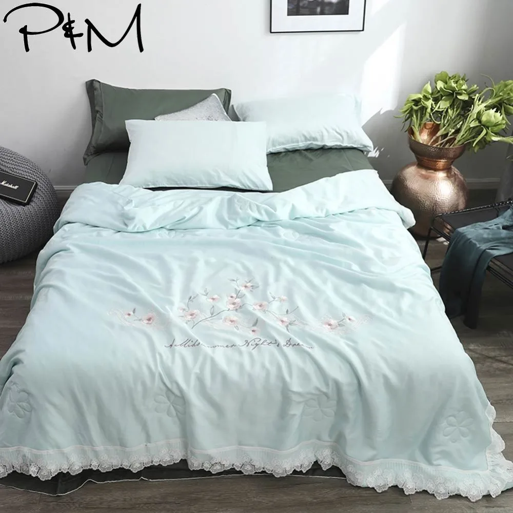 

2019 Lace Light Green Floral Air-condition Thin Summer Quilt Embroidery Comforter Artificial Silk Fabric Polyester Queen Size