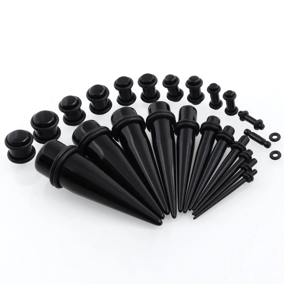 54Pcs Black Long Tunnel Plug Piercings Acrylic Spiral Ear Taper